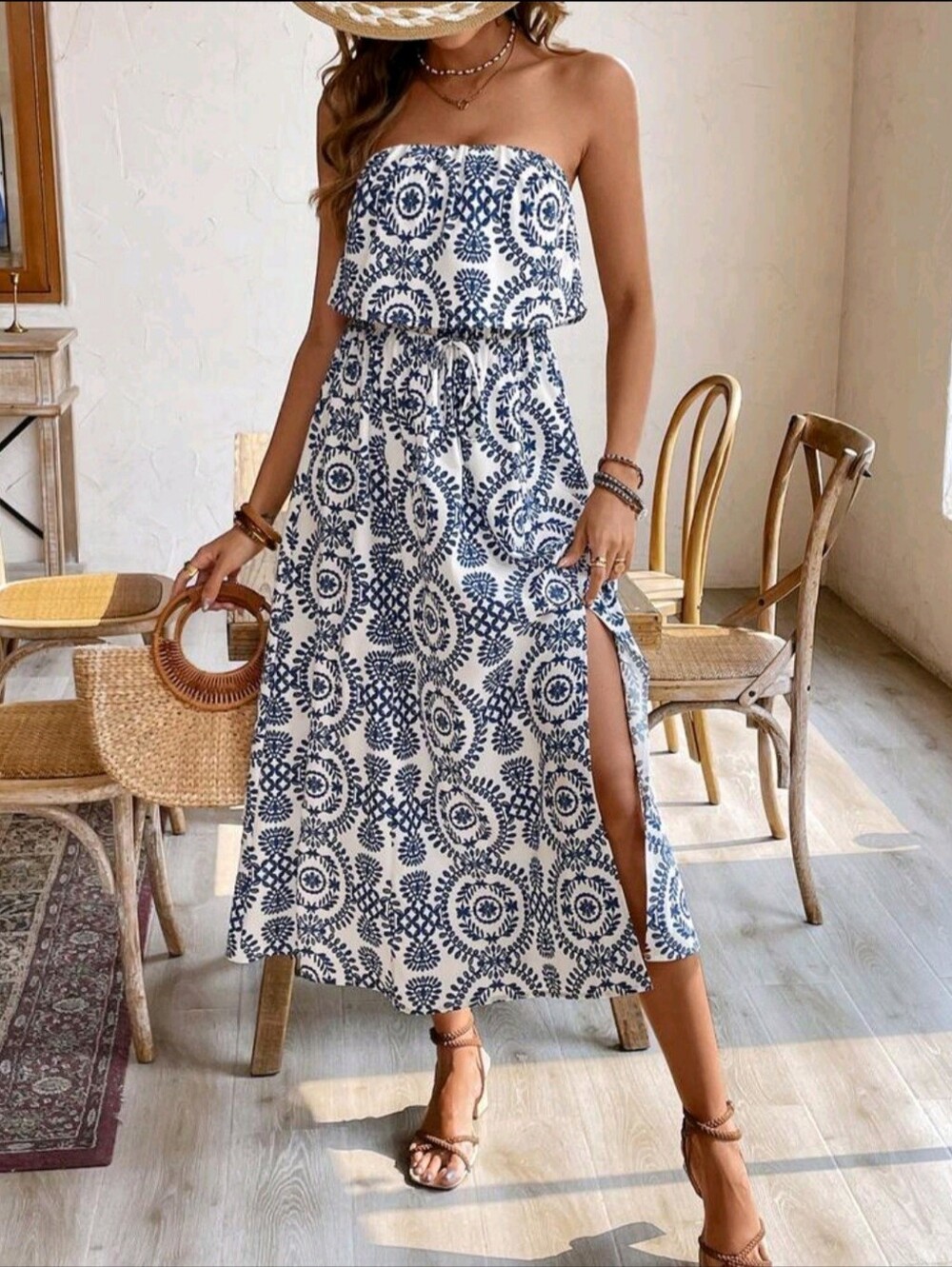Women's Elegant Sexy Strapless Floral Print Ruffle Hem Side Slit Dress- XL